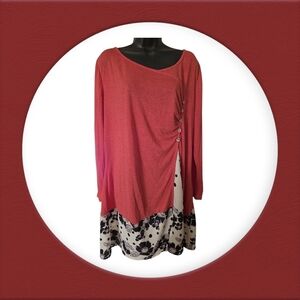 Women's Red Asymmetrical Top with Floral Hem Multi Textured 2xl EUC